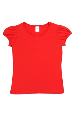 A red short puff sleeve T-shirt with a round neckline and gathered sleeves. It features a label inside.