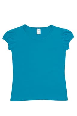 A teal girls' short puff sleeve T-shirt with a round neckline and a label at the collar.