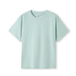 A mint green kid's regular T-shirt with a round neckline and short sleeves. It features a logo on the label.