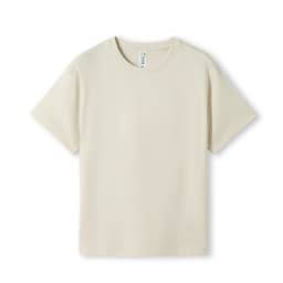 A kid's regular t-shirt in a light beige colour, featuring short sleeves and a round neck. It has a logo on the label.