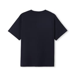 A back view of a navy blue kid's regular T-shirt with short sleeves and a plain design, featuring a logo.