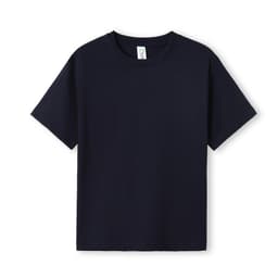 A navy blue kid's regular T-shirt with short sleeves and a round neckline, featuring a label inside.