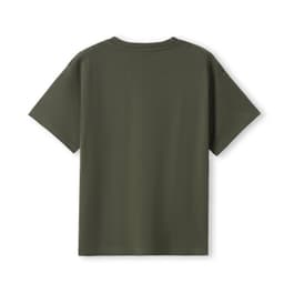 A kid's regular T-shirt in olive green, featuring a plain back without any visible branding or design.
