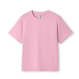 A pink kid's regular T-shirt with a crew neck and short sleeves, featuring a logo on the inside neck.