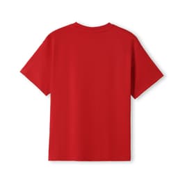 A red kid's regular T-shirt with short sleeves and a plain back. There's a logo on the back.