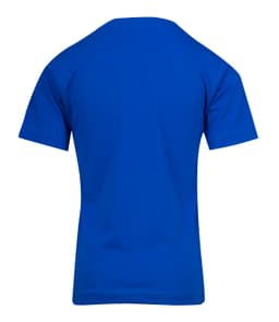 A blue kid's regular T-shirt featuring a plain back design and short sleeves, with a logo present.