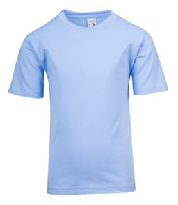 A light blue kid's regular t-shirt with short sleeves, featuring a label and no visible logos.