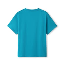 A turquoise kid's regular T-shirt featuring short sleeves and a simple design, with a logo on the back.