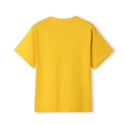 A yellow kids' regular T-shirt with short sleeves and a plain back, featuring a logo.