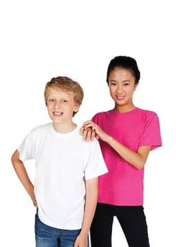 A white cotton T-shirt on a boy and a pink cotton T-shirt on a girl, both smiling against a plain background.