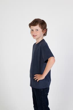 A navy blue crew neck T-shirt for kids, featuring short sleeves and a relaxed fit. Includes a brand logo.