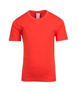 A red crew neck T-shirt for kids with short sleeves and a label at the neckline.