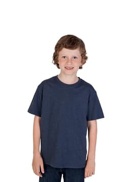 A navy crew neck T-shirt for kids, featuring short sleeves and a standard fit. The model is a smiling child.