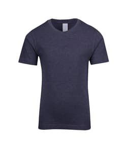 A navy crew neck t-shirt with short sleeves and a simple design, featuring a logo on the label.