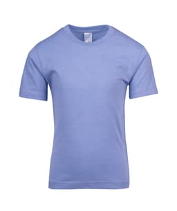 A light blue kids' crew neck T-shirt with short sleeves and a label inside the neck.