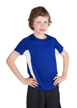 A blue and white Kids Accelerator Cool-Dry T-shirt displayed on a child, paired with black shorts. The shirt features a logo.