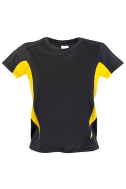 A black and yellow Kids Accelerator Cool-Dry T-shirt with branding. Features short sleeves and a sporty design.