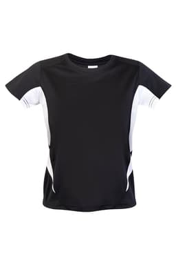 A black and white kids' T-shirt featuring a sleek design and a logo. Ideal for active wear.