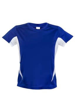 A blue and white Kids Accelerator Cool-Dry T-shirt with short sleeves and a logo.