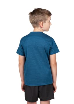 A blue kid's T-shirt made of 100% polyester, displayed on a young boy standing sideways. The shirt has a simple design and logo.