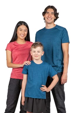 Three models wear 100% polyester T-shirts in red and blue, featuring a casual, sporty design. The shirts have logos.