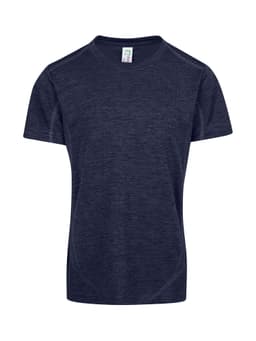 A navy blue Kid's Challenger 100% polyester T-shirt with short sleeves and a logo.
