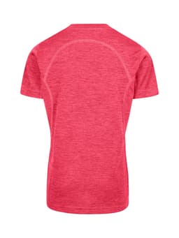 A red polyester T-shirt with a simple design and a logo on the back. Ideal for kids' casual wear.