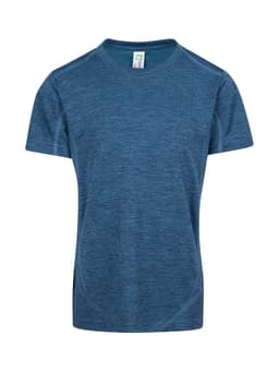 A short-sleeved kid's T-shirt in a blue marl pattern, made of 100% polyester, featuring a small logo.