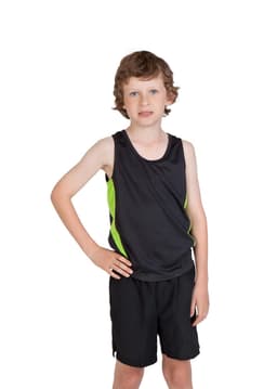 A child models a black singlet with a bright green panel, paired with black shorts. The singlet has a logo on it.