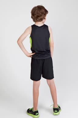 A black and bright green kids' singlet worn with black shorts, displayed from the back. The singlet features a logo.