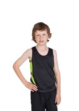 A black and green kids' singlet with a logo, featuring a child posing against a white background.