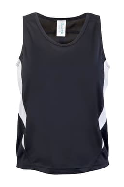 A black and white kids' singlet made from a moisture-wicking fabric, featuring a logo. Ideal for active wear.