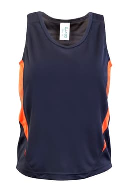 A navy blue kids' singlet featuring orange side accents and a small logo. Ideal for active wear.