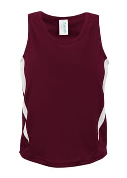 A maroon singlet with white accents and a logo, designed for kids’ activewear.
