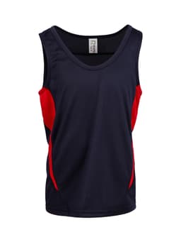 A navy and red kids' singlet with a logo, made from cool-dry fabric. Perfect for active wear.