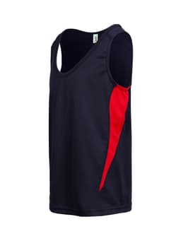A navy and red kids' singlet featuring a one-sided colour design and a logo on the label.
