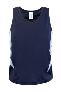 A navy blue kids' singlet featuring light blue accents and a branded label at the neckline.