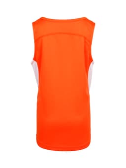 An orange kids' singlet featuring a white side panel and a branding logo on the back.