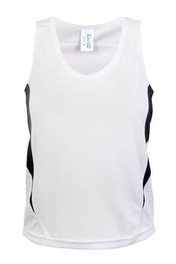 A white singlet with black side panels, featuring a logo. Ideal for kids' active wear.