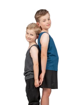 A grey and a blue kids' polyester singlet worn by two children, standing side by side. The singlets have a logo.