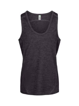 A black sleeveless singlet made from 100% polyester, featuring a logo on the label.