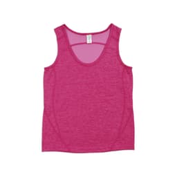 A pink 100% polyester singlet featuring a scoop neck design and a logo. Suitable for kids' activewear.