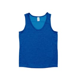 A blue singlet made of 100% polyester with a scoop neckline and a logo.