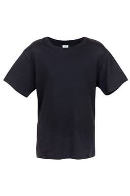 A black kids' T-shirt from the Greatness Range with a classic crew neck design and a branding logo.