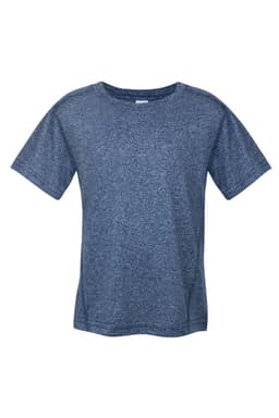 A navy blue heather t-shirt with short sleeves and a round neckline, featuring a logo.