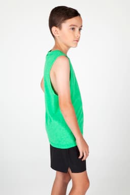 A green sleeveless tank top for kids, styled with a relaxed fit, paired with black shorts. It features a branding logo.