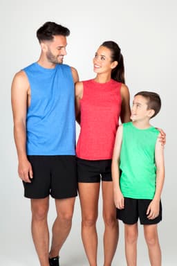 Three people stand together, wearing matching sleeveless tanks in blue, red, and green, paired with black shorts.