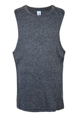 A grey tank top with a sleeveless design and a small logo. Suitable for casual wear.