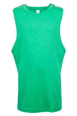A green tank top with sleeveless design, featuring a logo on the label.