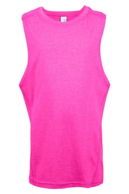 A bright pink sleeveless tank top featuring a logo. Ideal for casual wear.